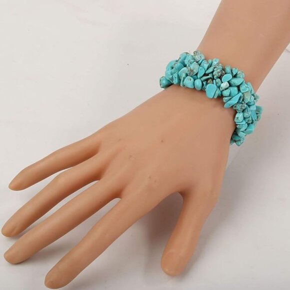 SALE - Turquoise Gemstone Beaded Stretch Bracelet - 5 Layers - Picture 3 of 5